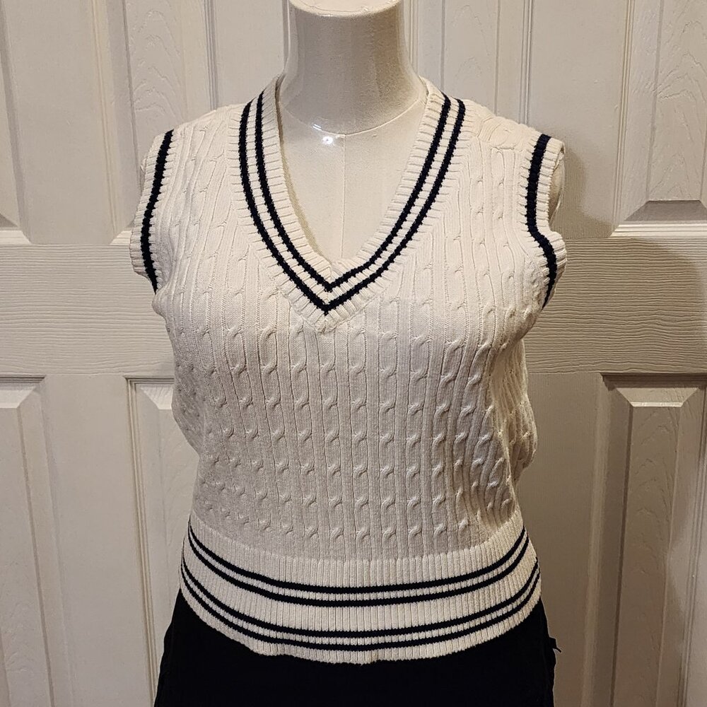 Torrid - Sweater vest with cable-knit detail, white with dark blue-black stripes